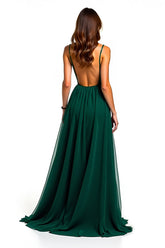 Dunkelgrünes Spaghettiträger A Linie Langes Hochzeitsgastkleid mit Schlitz